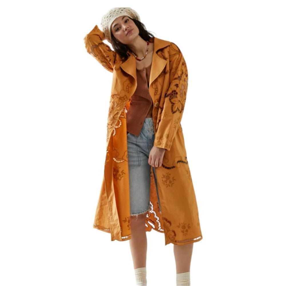 Free People Eyelet Linen Susanna Autumn Marigold Duster Jacket XS NWOT - Picture 4 of 15